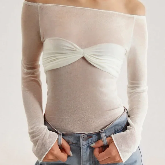 NWT Commense Off Shoulder Knit Mesh Top - Picture 1 of 8